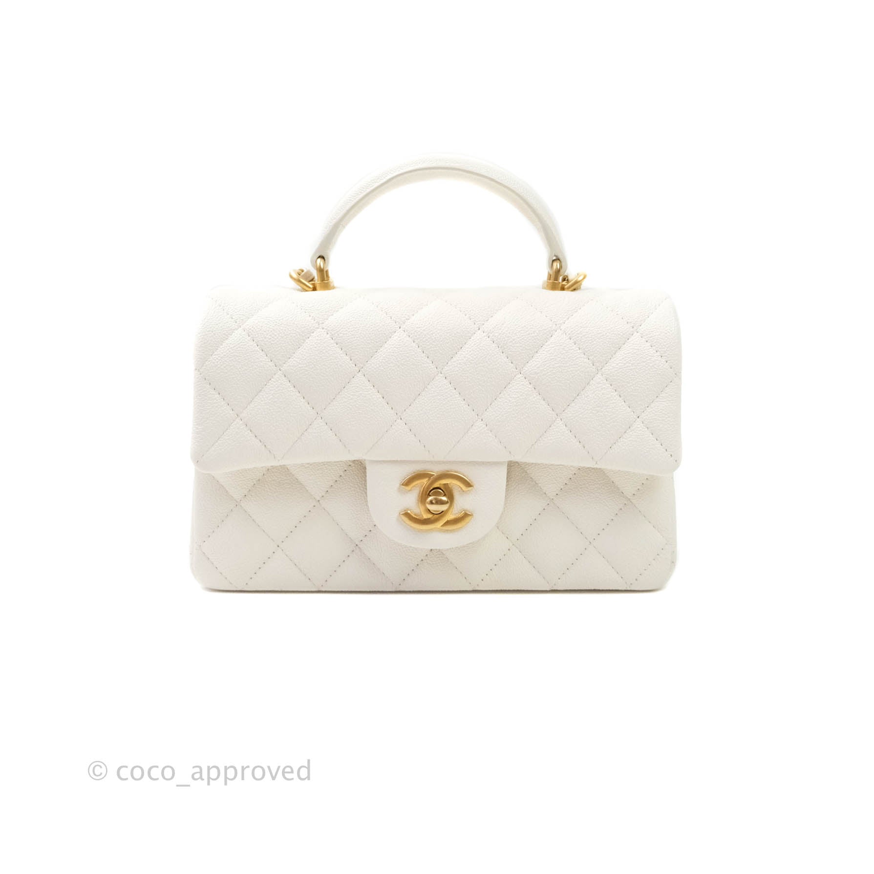 Chanel Top Handle Mini Rectangular Flap Bag White Caviar Aged Gold