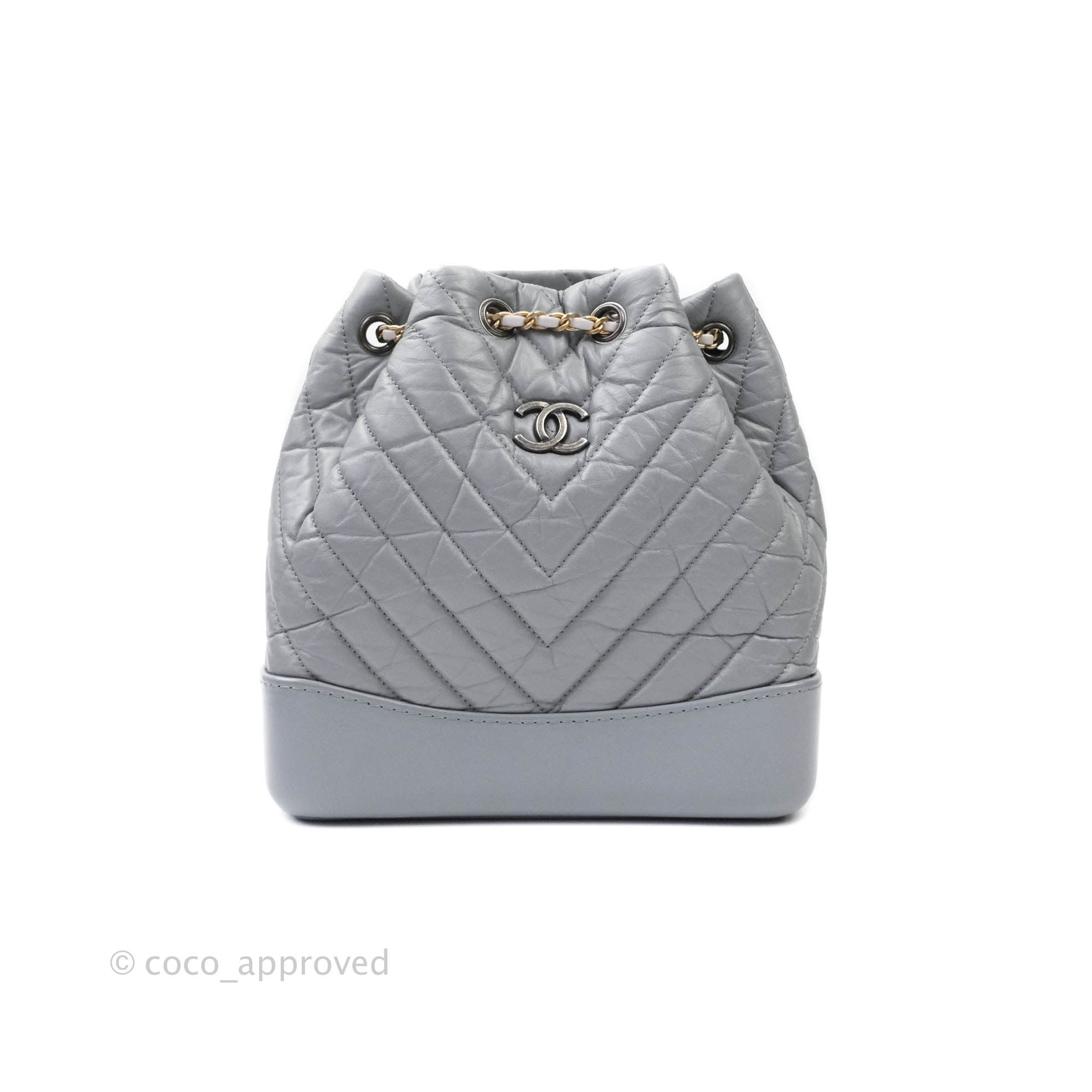 Chanel Small Chevron Gabrielle Backpack Aged Calfskin Grey – Coco