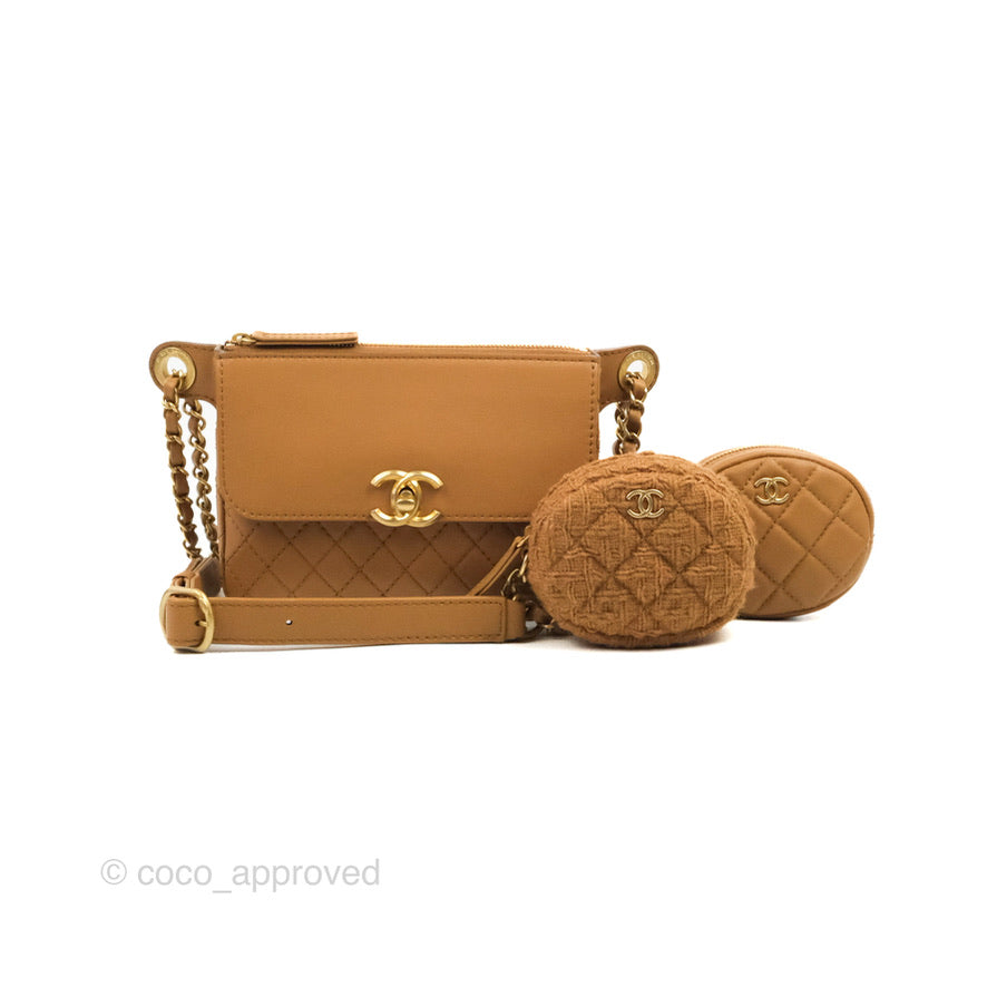 Chanel Flap Waist Bag with Leather & Tweed Coin Purses Dark Beige Calf