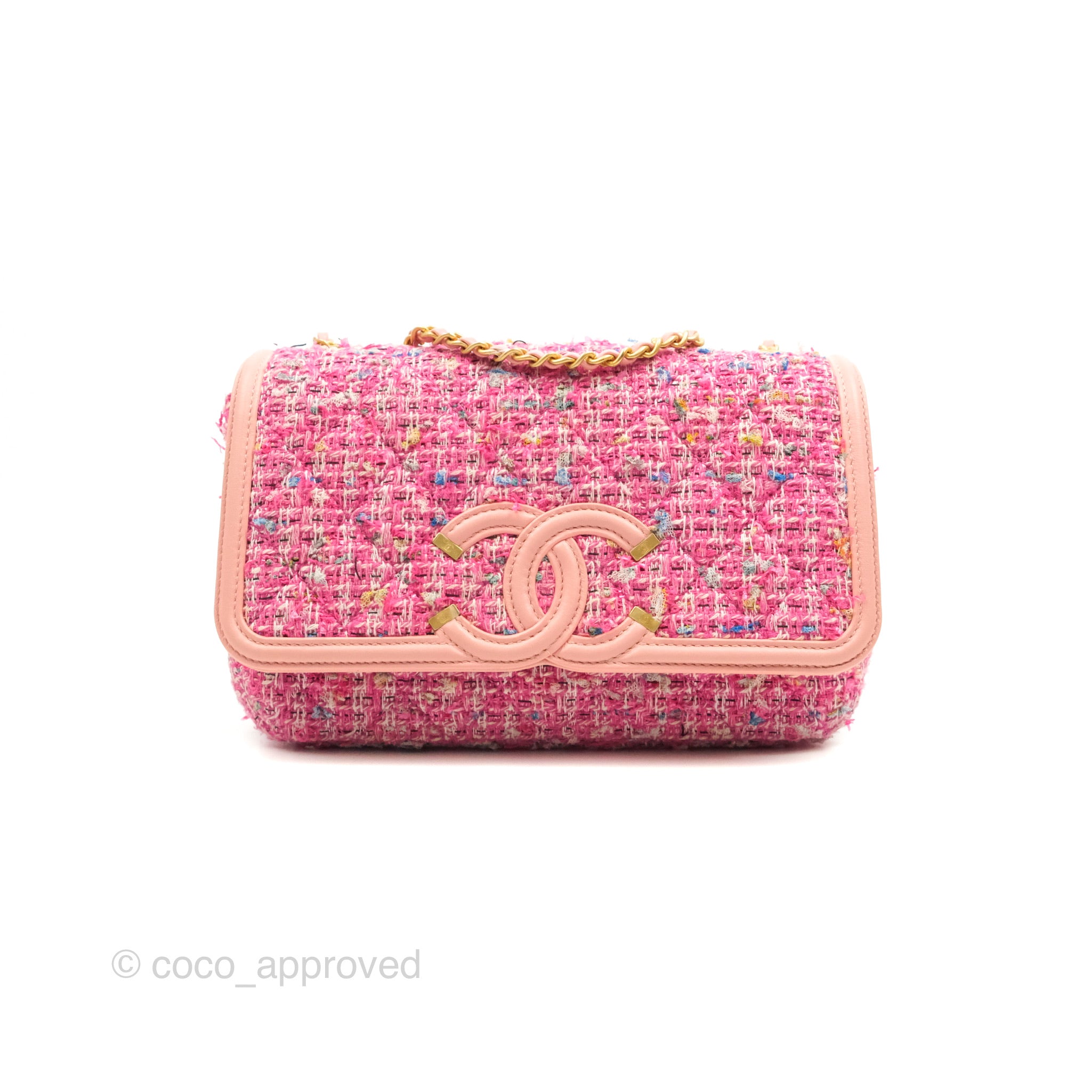 Chanel CC Filigree Vanity Clutch With Chain Pink Tweed – Coco