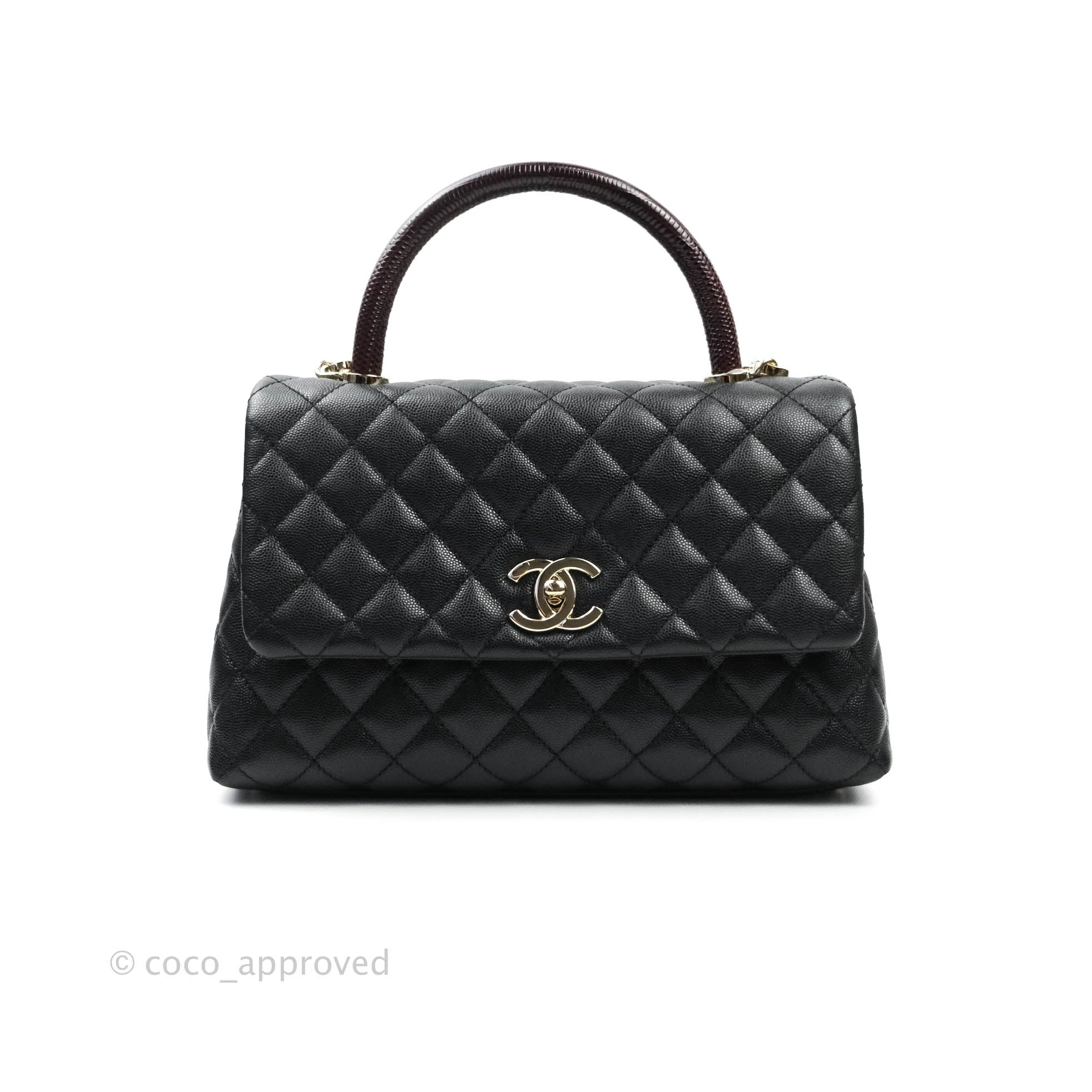 Chanel Mini Coco Handle 17B Black Quilted Caviar with Real Burgundy Lizard  Handle with brushed gold hardware