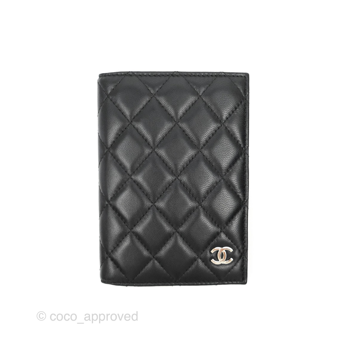 Chanel Classic Quilted Passport Holder Black Lambskin Silver 