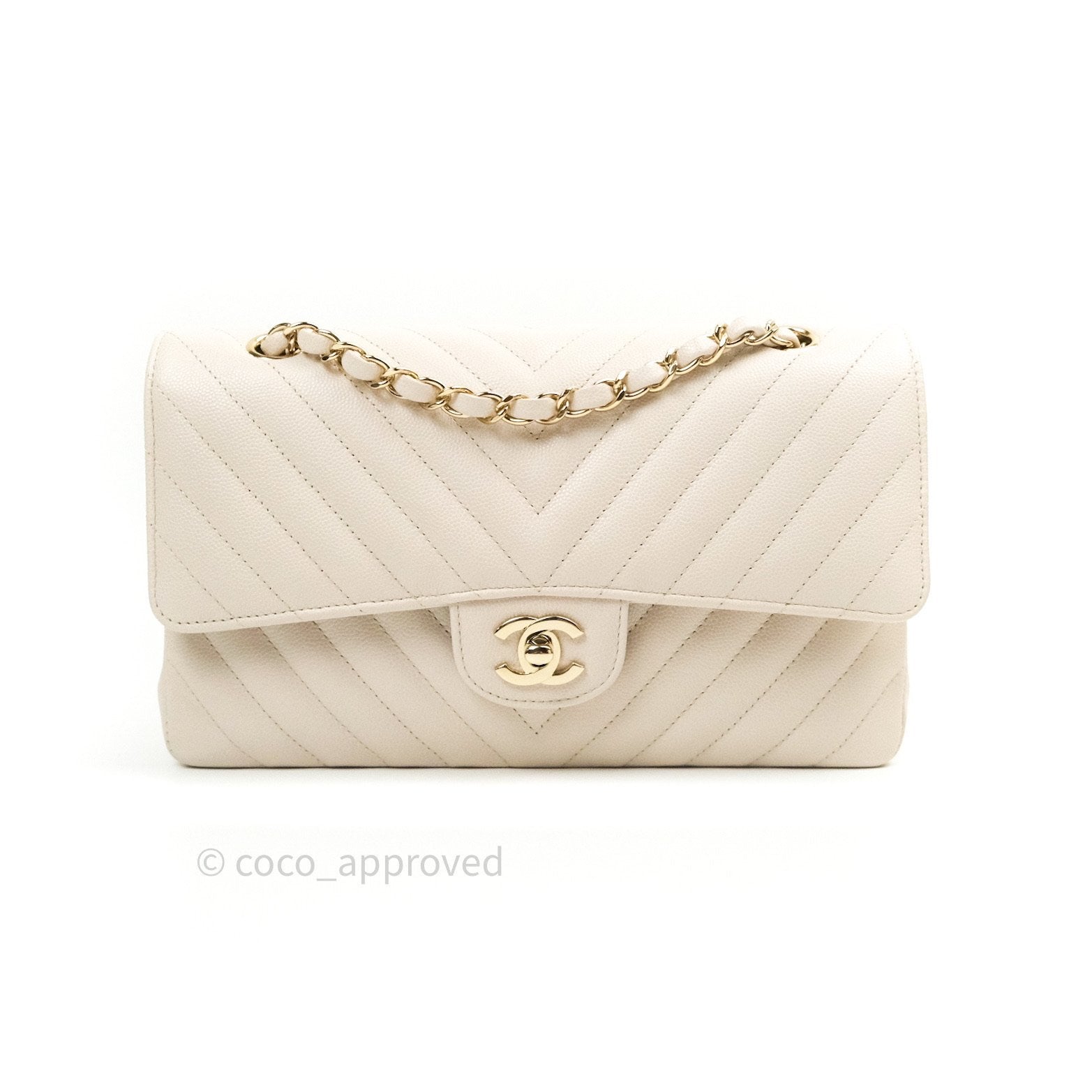 Chanel Classic M/L Medium Double Flap Chevron Ivory Caviar Gold Hardwa – Coco Approved
