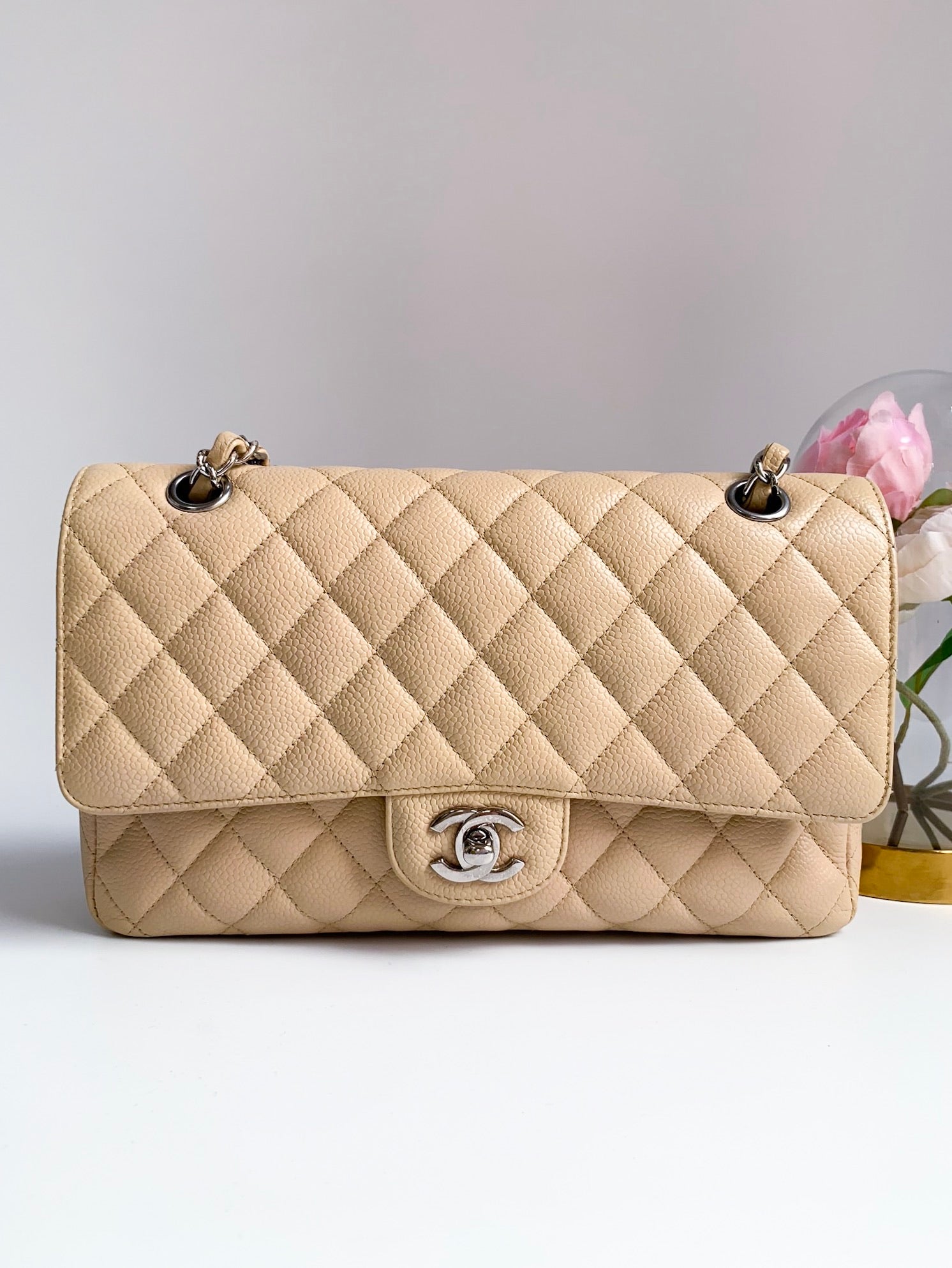 CHANEL Classic Beige Quilted Lambskin Silver Hardware Medium Double Flap Bag