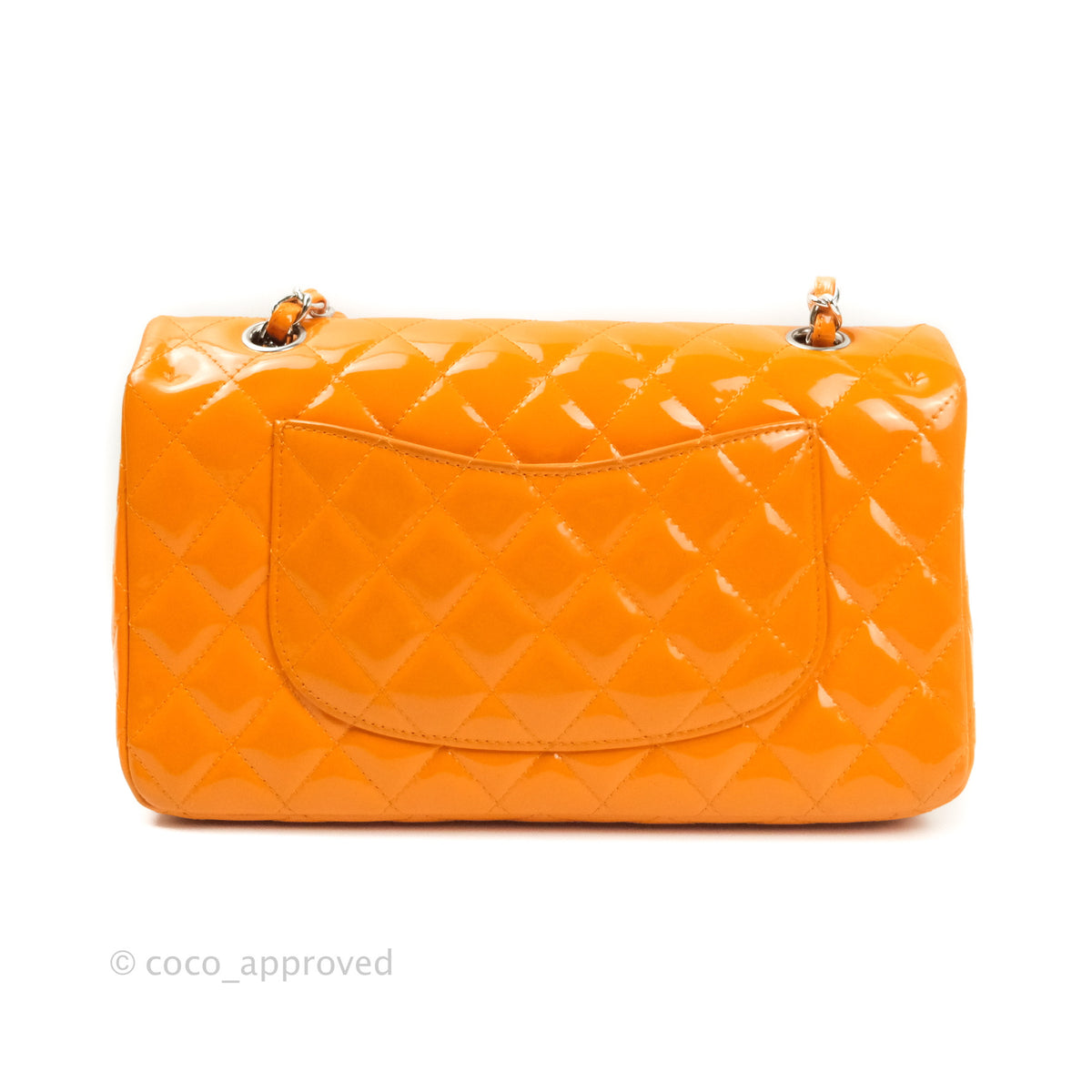 Chanel Classic M/L Medium Double Flap Orange Patent Silver