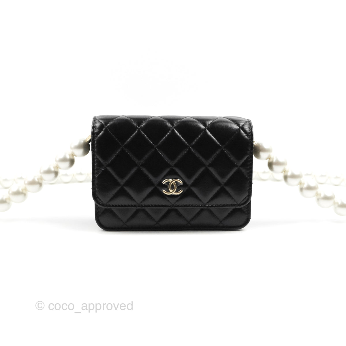 Chanel Quilted Large Pearl Mini Wallet On Chain WOC Black Calfskin Coco Approved Studio