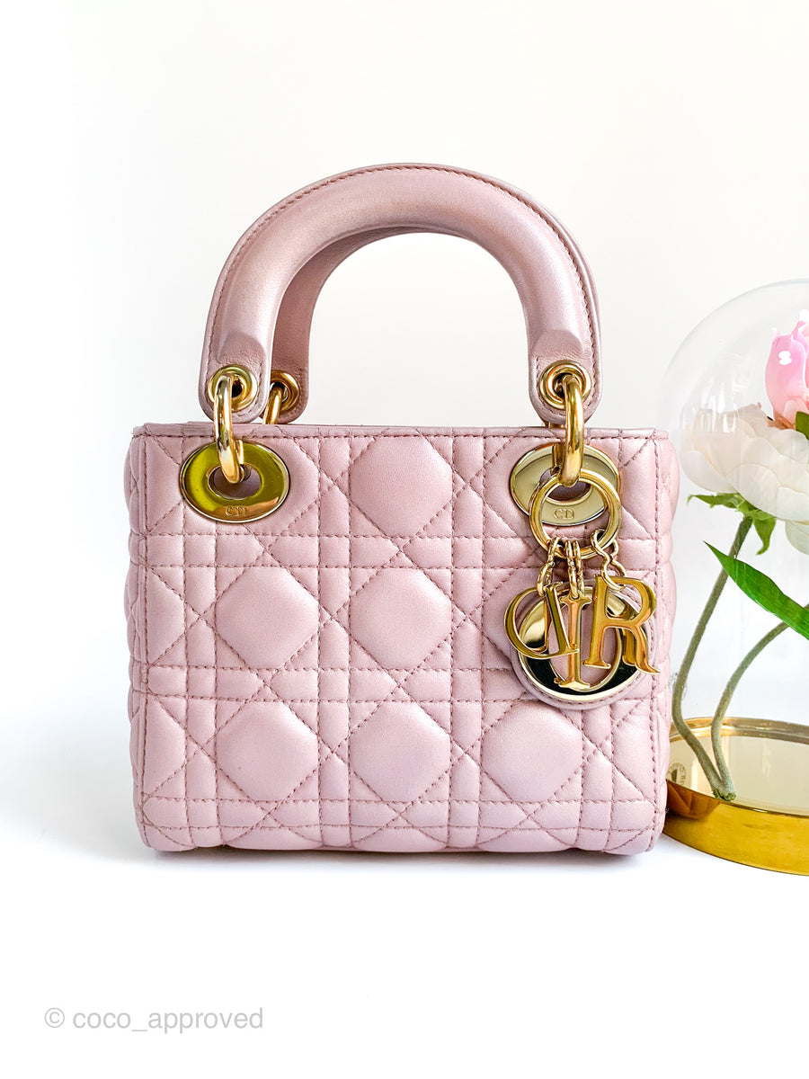 Christian Dior Mini Lady Dior Bag Cannage Lambskin Iridescent Pink Gol –  Coco Approved Studio