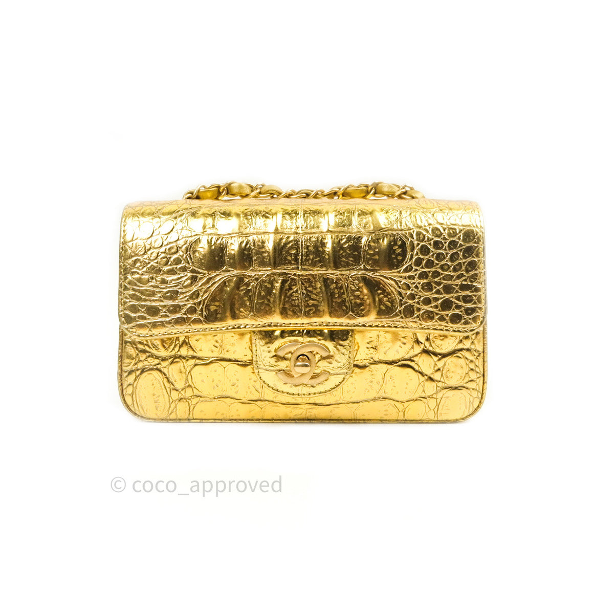 CHANEL Metallic Calfskin Crocodile Embossed Cocodile Rectangular Mini Flap  Gold 1173653