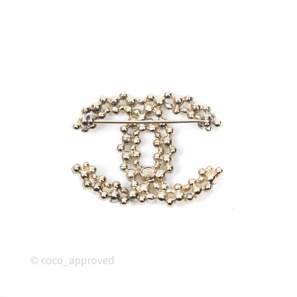 Chanel Pearl Crystal CC Logo Brooch Gold Tone 19B