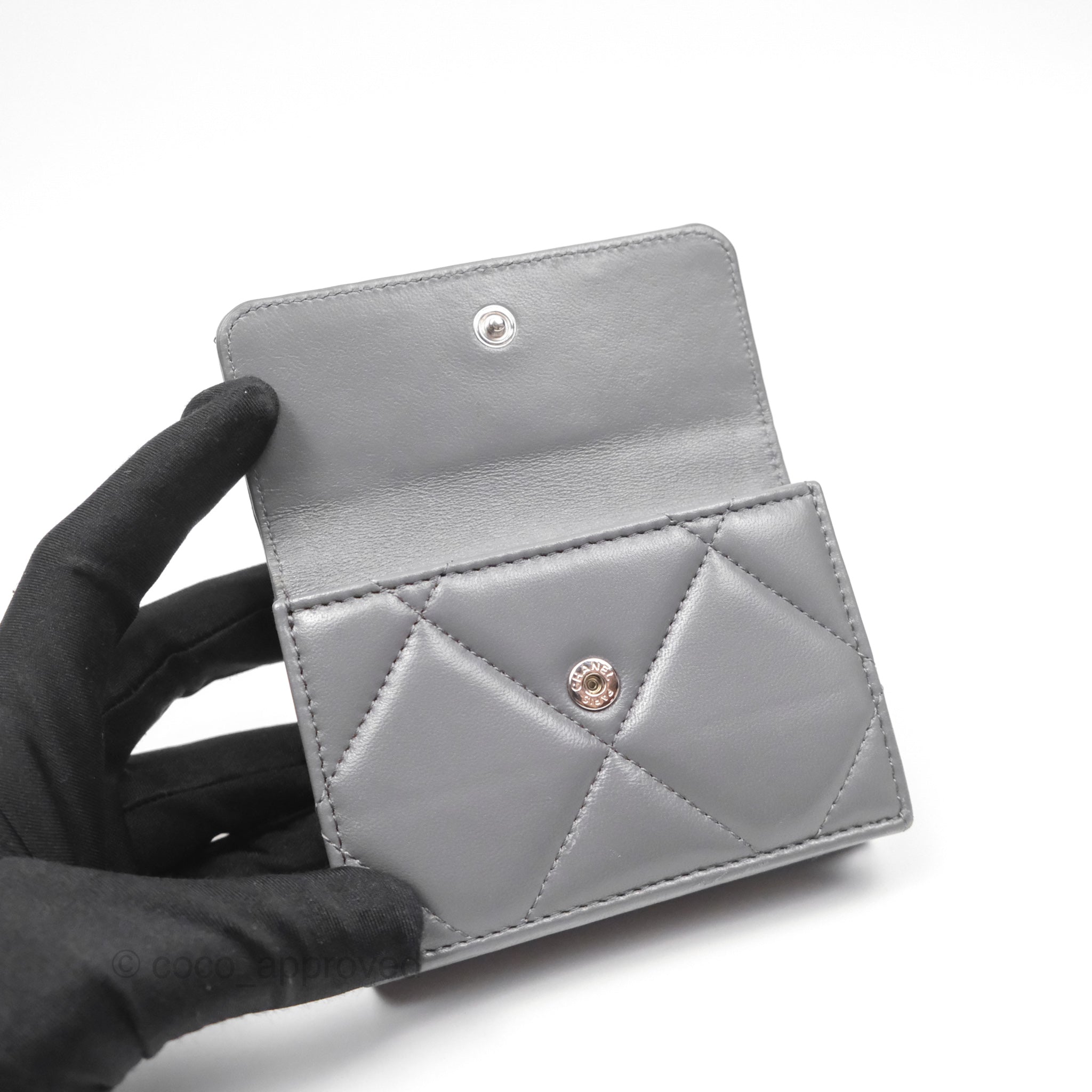 Chanel 19 Grey Short Trifold Wallet Lambskin Silver Hardware