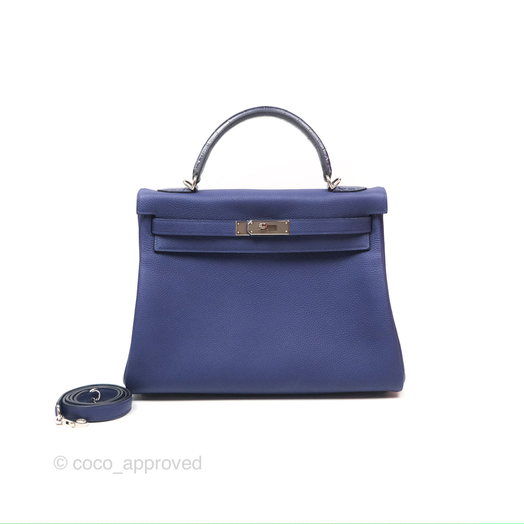 Hermès Kelly 32 Retourne Touch Bleu Encre Croc TM Palladium Hardware