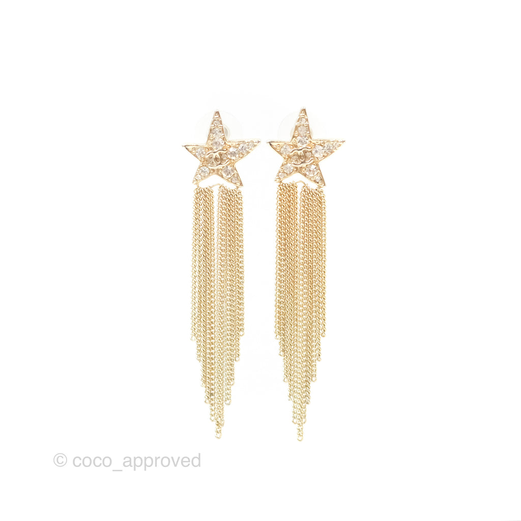 Chanel CC Crystal Star Drop Earrings Gold Tone 17A 