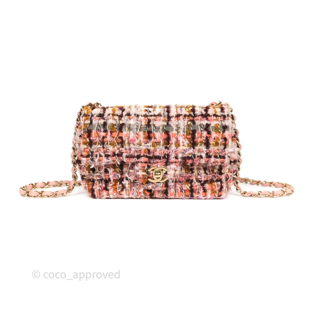 Chanel Mini Rectangular Pink Burgundy Tweed Gold Hardware 23K