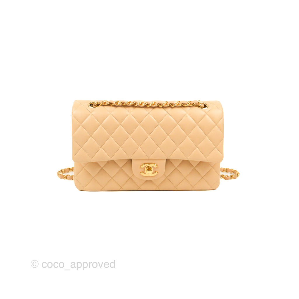 Chanel Classic M/L Medium Flap Quilted Beige Lambskin Gold Hardware