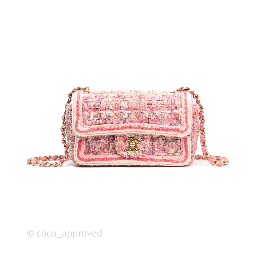 Chanel Mini Rectangular Flap Pink Tweed Braid Gold Hardware