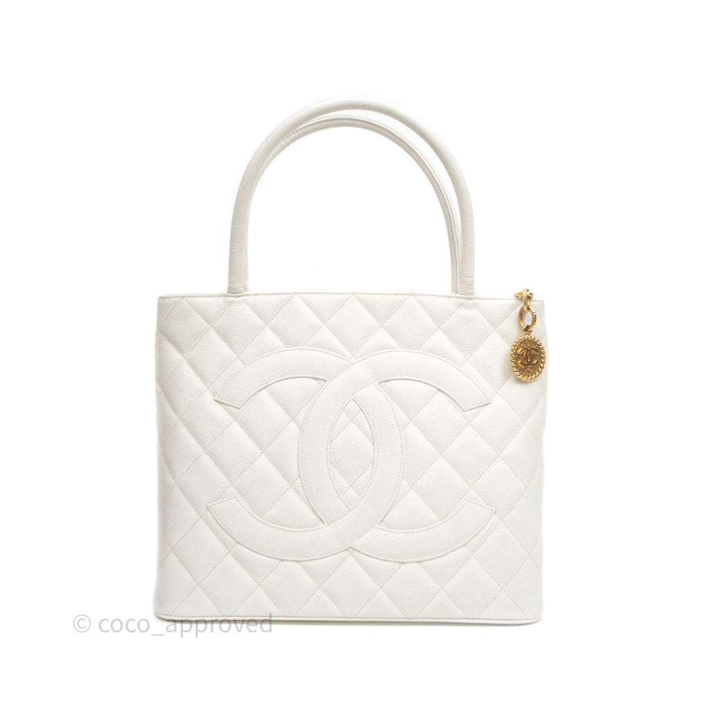 Chanel Vintage Medallion CC White Caviar Tote Bag Gold Hardware