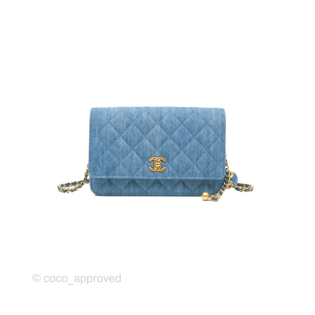 Chanel Quilted Pearl Crush Wallet on Chain WOC Denim Aged Gold Hardware