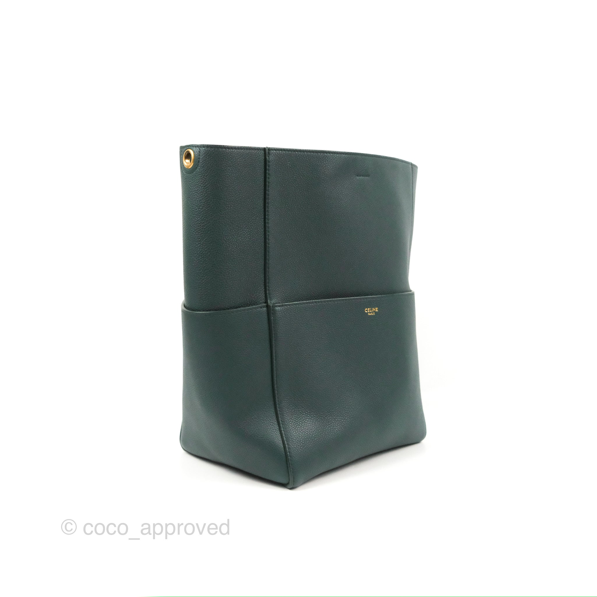 Celine Sangle Bucket Bag Grained Calfskin Dark Green Coco Approved Studio