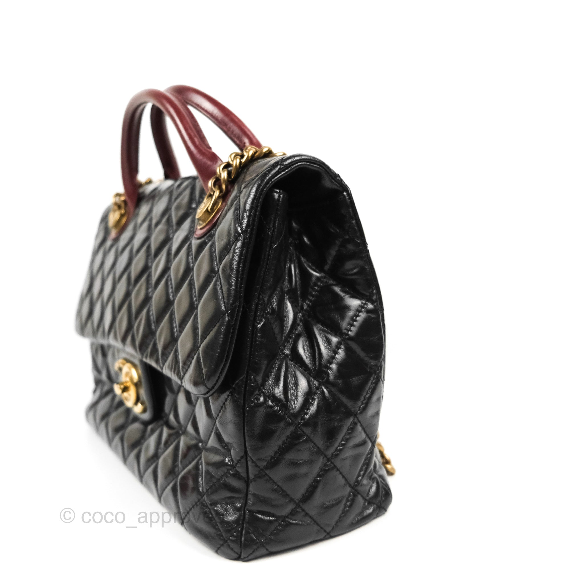 Chanel Large Castle Rock Flap Bag Black Glazed Aged Calfskin Burgundy –  Coco Approved Studio