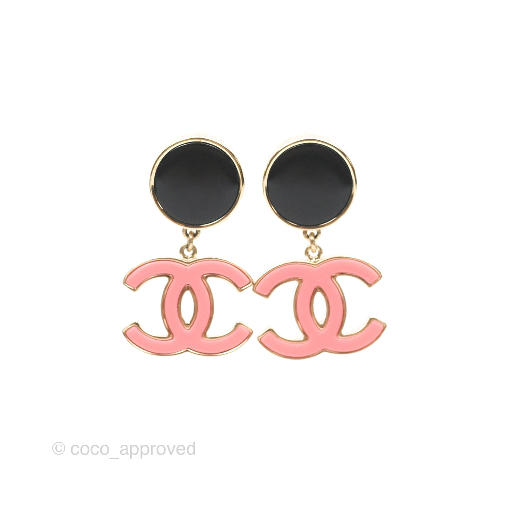 Chanel CC Logo Enamel Pink/ Black Drop Earrings 23C