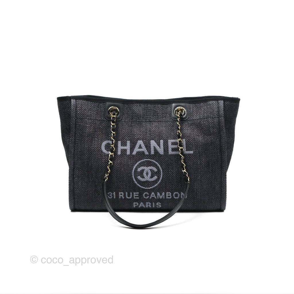 Chanel Medium Deauville Tote Black Dark Grey Raffia Woven Gold Hardware