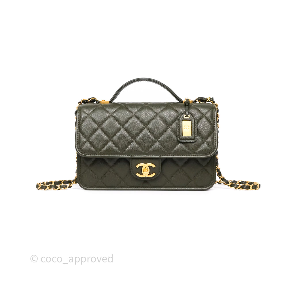 Chanel School Memory Top Handle Flap Army Green Caviar Aged Gold Hardware