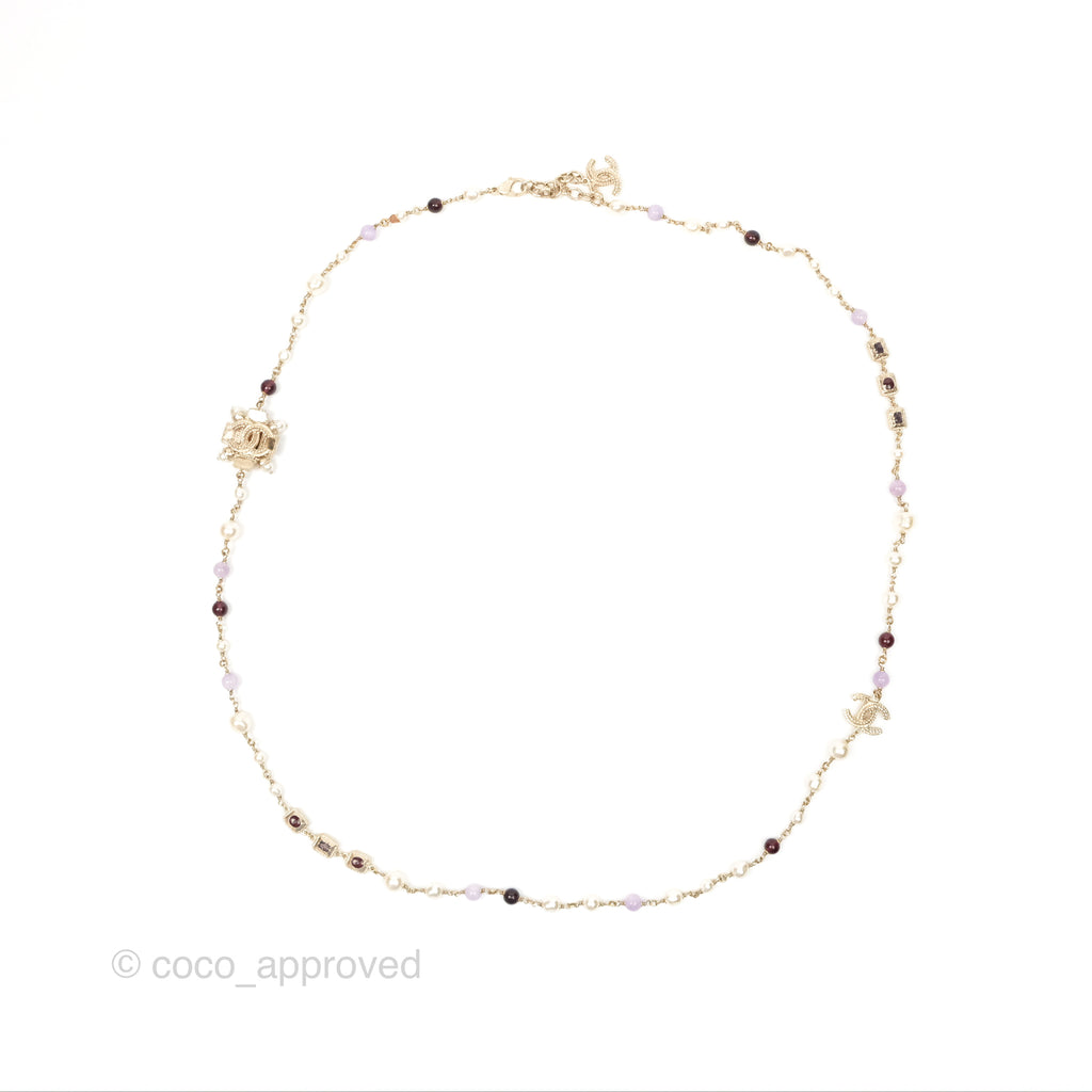 Chanel CC Pearl GemStone Long Necklace Gold Tone 17A