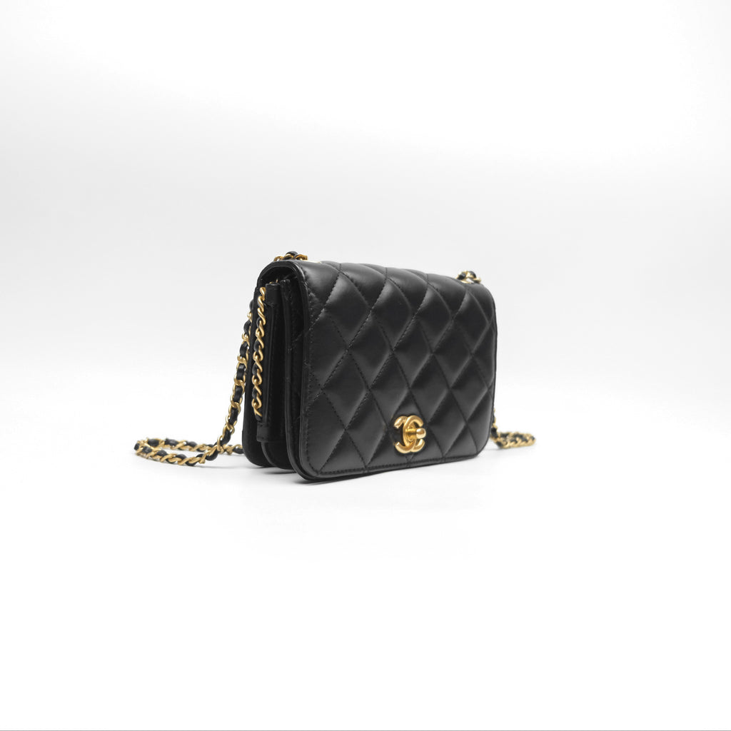 Chanel Quilted Side Chain Flap Bag Black Calfskin Aged Gold Hardware