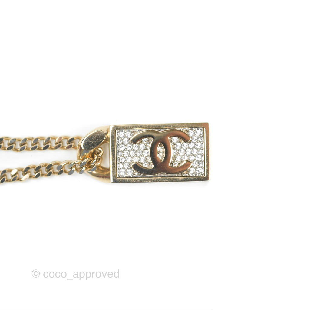 Chanel Plate CC Crystal Necklace Gold Tone 21C