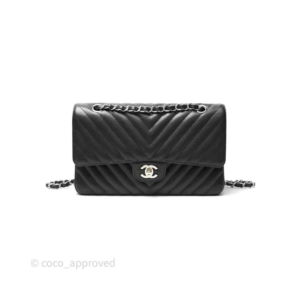 Chanel Classic M/L Medium Flap Chevron Black Caviar Silver Hardware