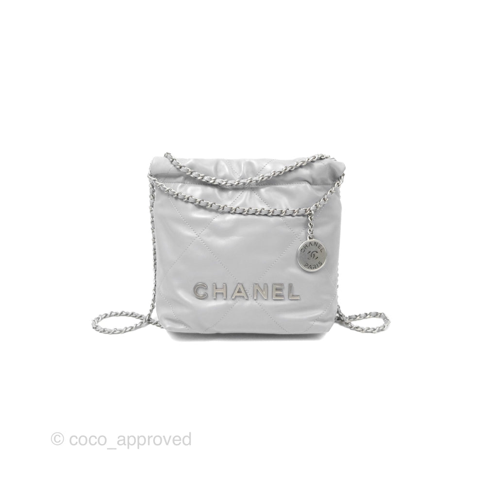 Chanel 22 Mini Bag Light Grey Shiny Crumpled Calfskin Matte Silver Hardware