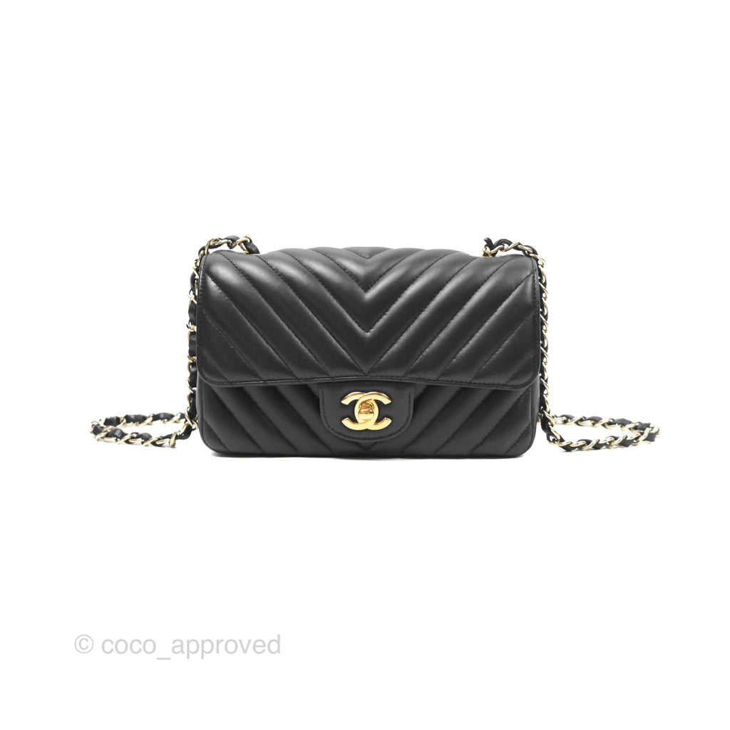 Chanel Mini Rectangular Flap Chevron Black Lambskin Gold Hardware