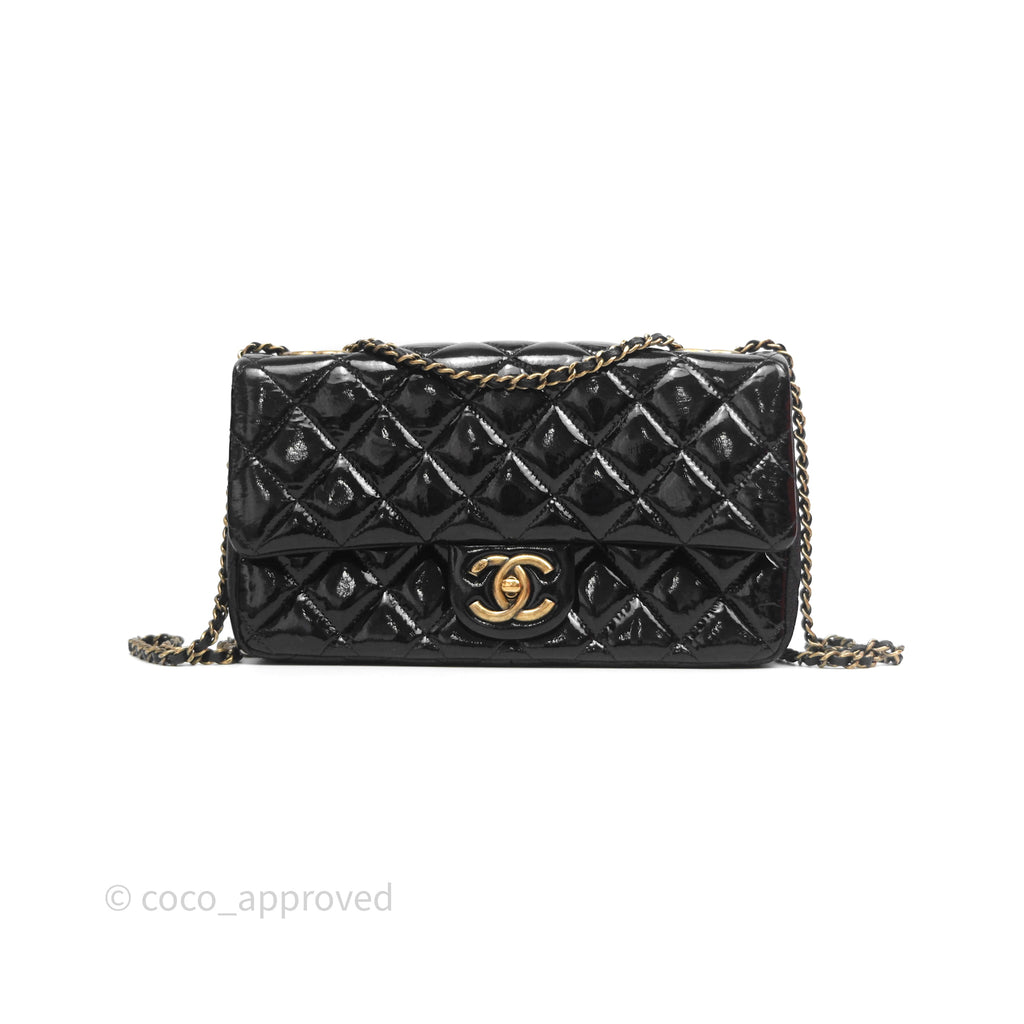 Chanel Quilted Medium Eyelet Flap Bag Black Patent Aged Gold Hardware