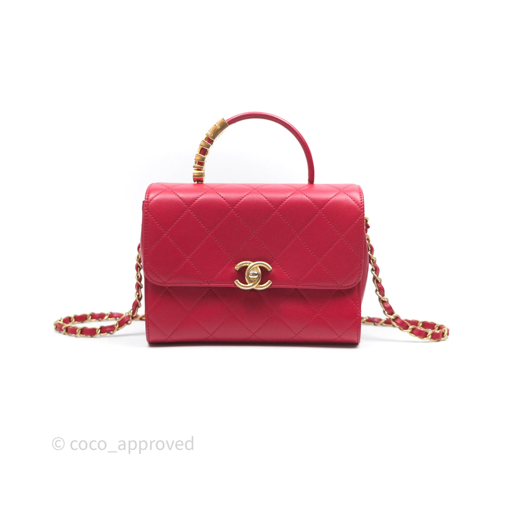 Chanel Quilted Flap Bag  with Pearl Logo Top Handle Red Lambskin Aged Gold Hardware