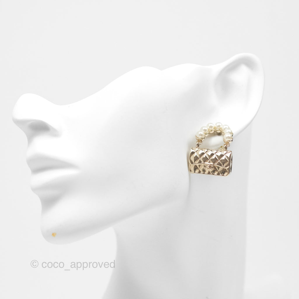 Chanel Pearl Quilted CC Flap Bag Earrings Gold 22V