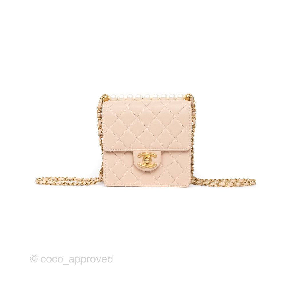 Chanel Quilted Chic Pearls Flap Beige Pink Goatskin Aged Gold Hardware