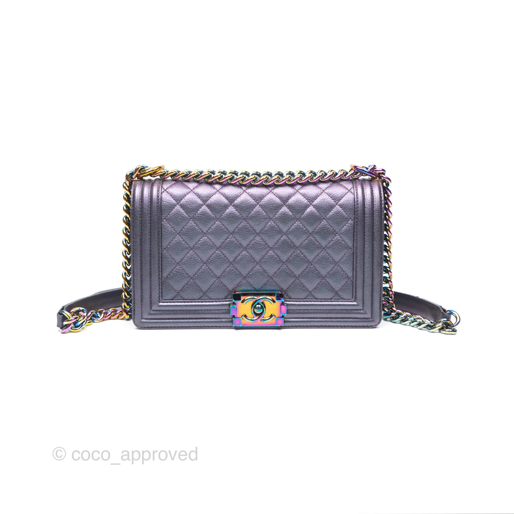 Chanel Medium Boy Quilted Iridescent Purple Goatskin Rainbow Hardware