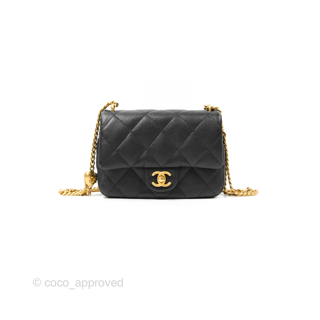 Chanel Mini Flap Bag Heart Adjustable Chain Black Caviar Aged Gold Hardware