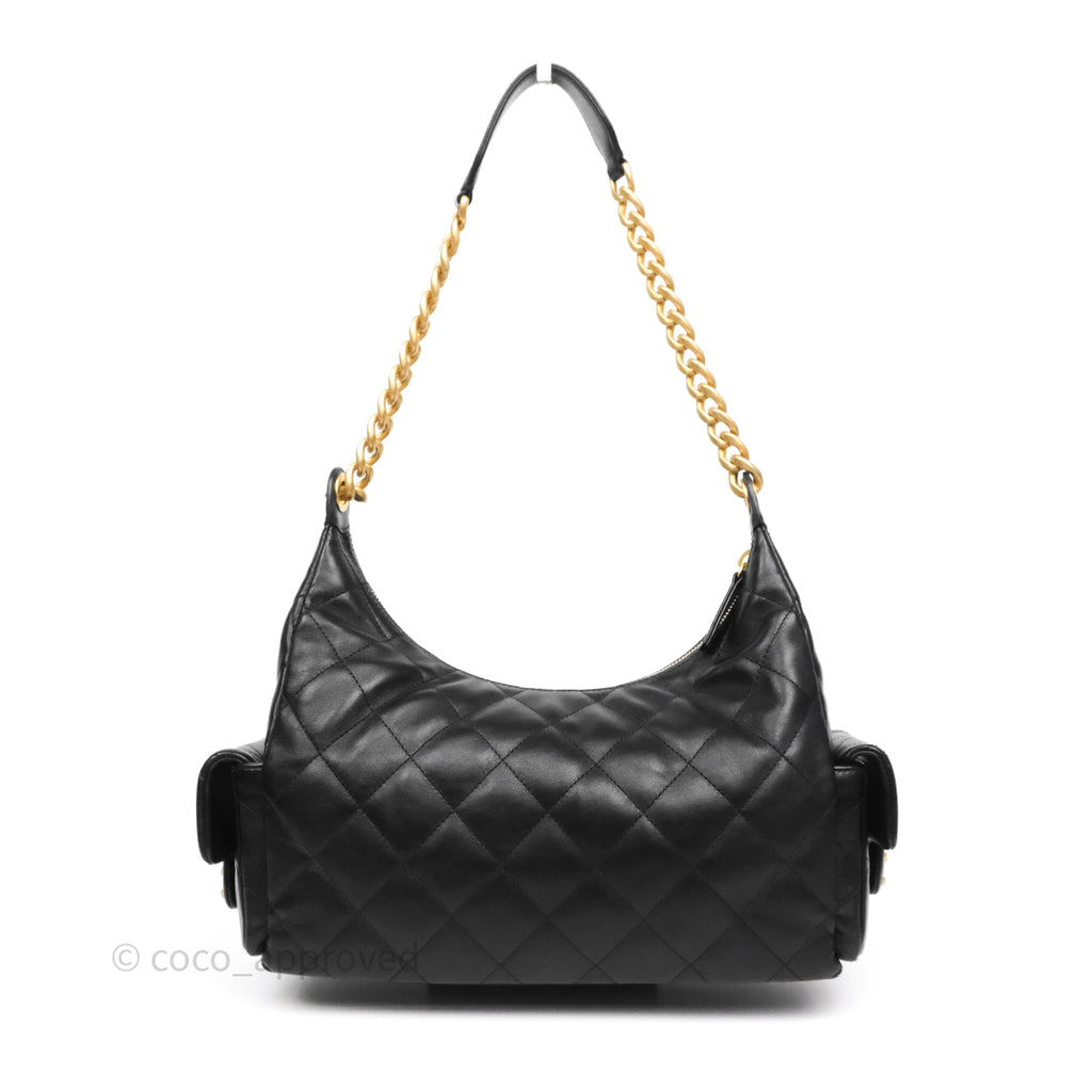 Chanel Quilted Trendy Double Pocket Hobo Black Lambskin Gold Hardware