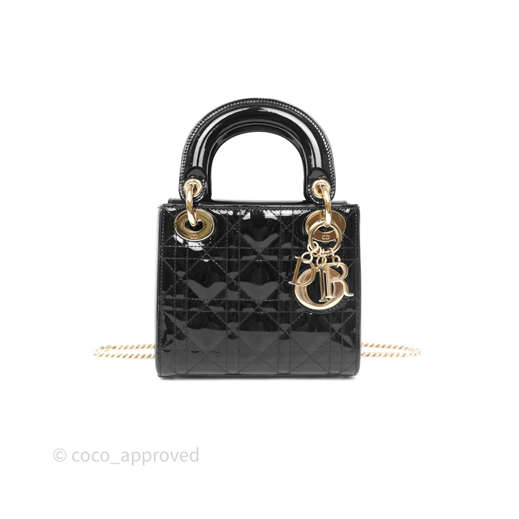 Christian Dior Mini Lady Dior Black Cannage Patent Gold Hardware