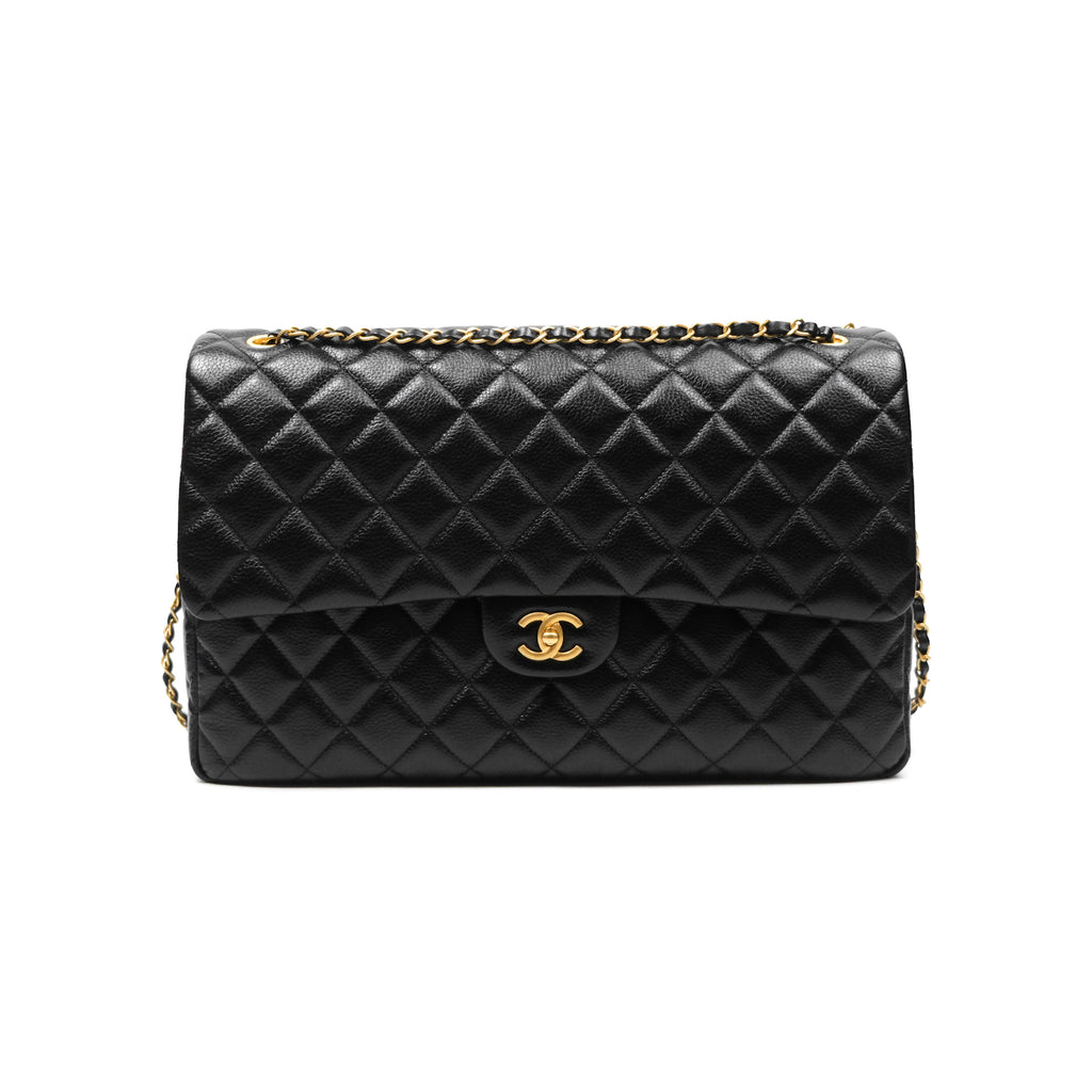 Chanel Quilted XXL Classic Flap Travel Bag Black Caviar Aged Gold Hardware 24C