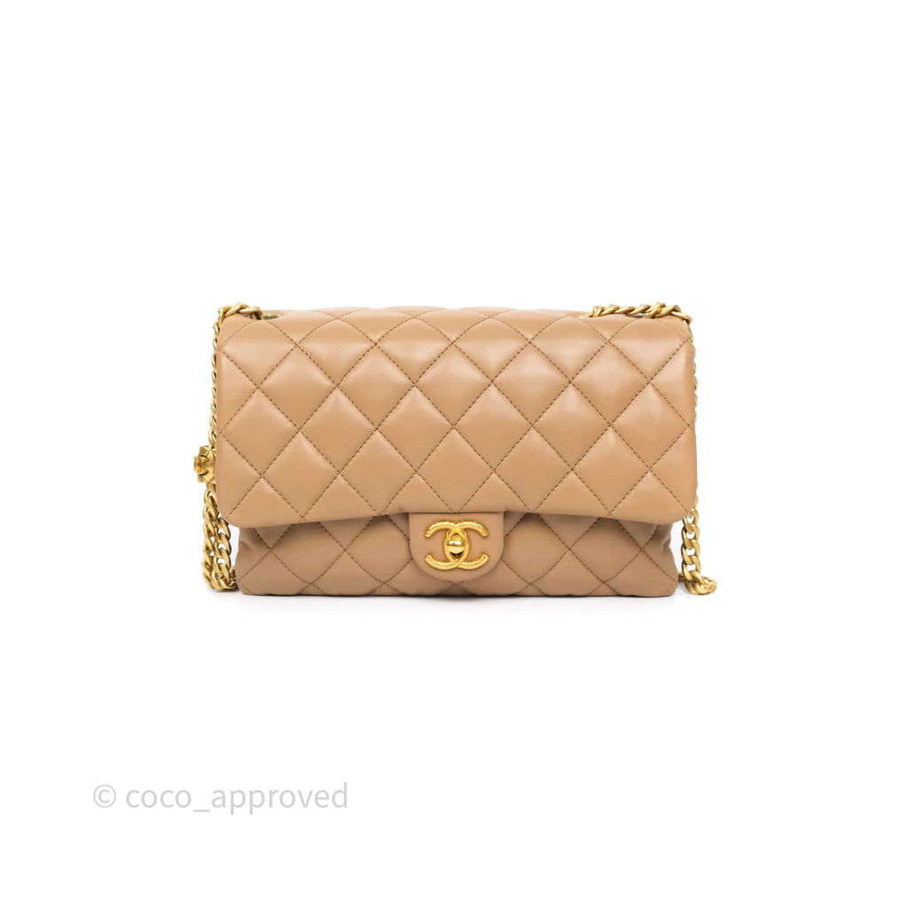 Chanel Medium Pillow Crush Flap Beige Lambskin Aged Gold Hardware