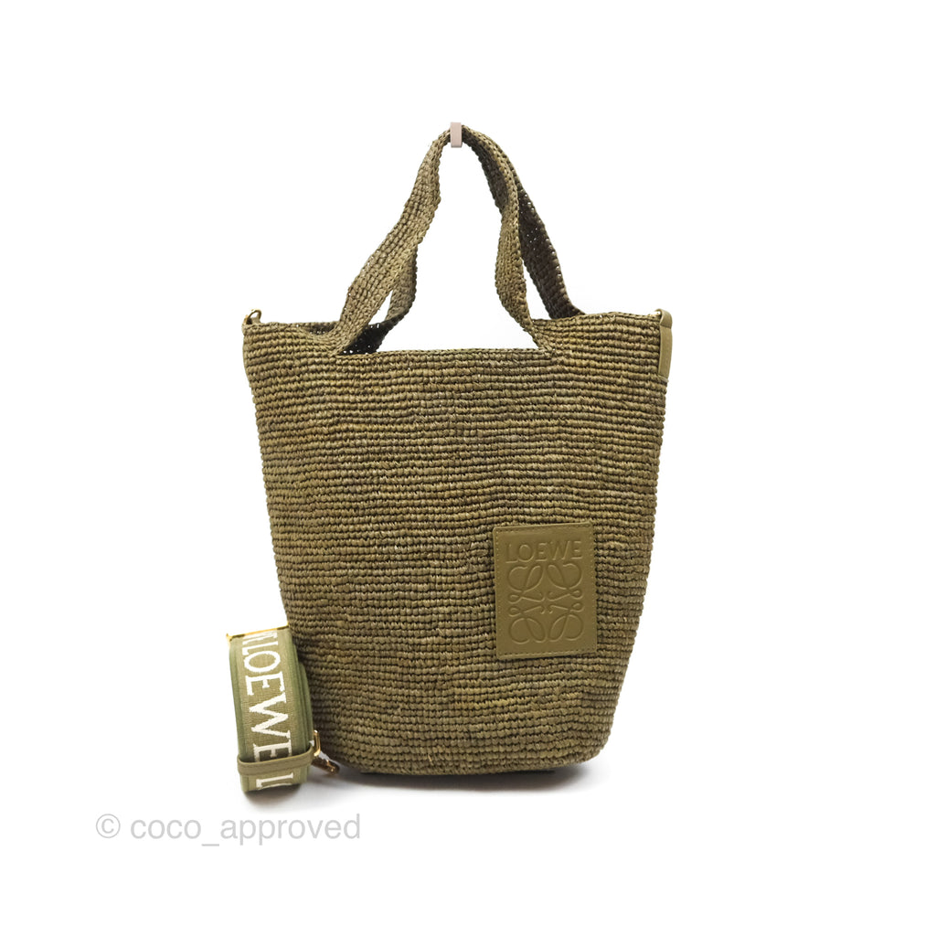 Loewe Mini Slit bag in Raffia / Calfskin Natural Olive