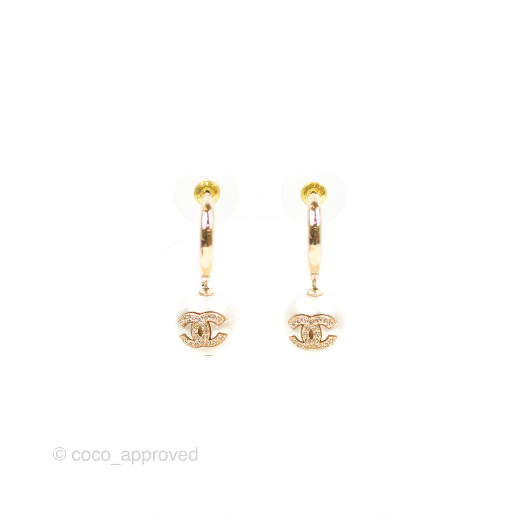 Chanel CC Crystal Pearl Drop Hoop Earrings Gold Tone 22S – Coco Approved  Studio