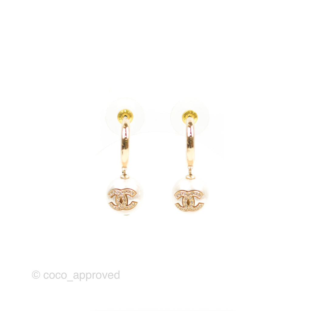 Cc Shell Crystal Drop Chanel CC Crystal Pearl Drop Hoop Earrings Gold Tone 22S – Coco ...