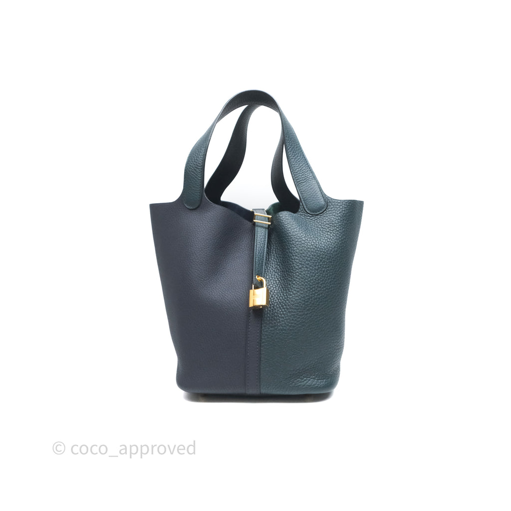 Hermès Picotin Lock 22 Casaque Vert Cyprès 6O/ Bleu Nuit 2Z/ Black Noir 89 Clemence Gold Hardware