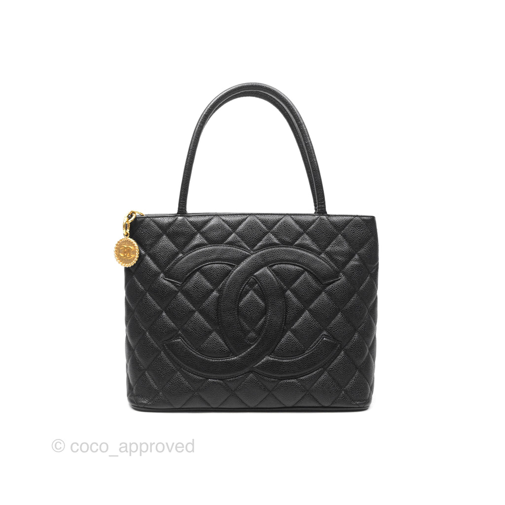 Chanel Vintage Medallion CC Black Caviar Tote Bag Gold Hardware