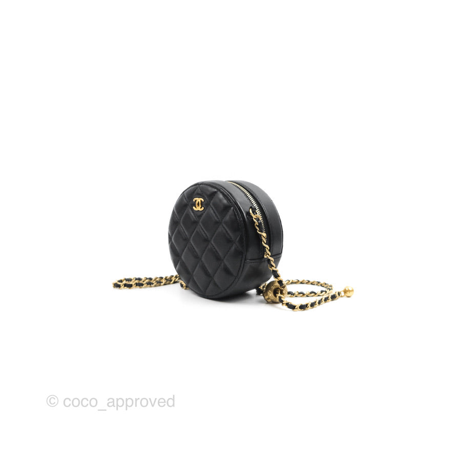 Chanel Pearl Crush Round Clutch With Chain Black Lambskin Aged Gold Ha –  Coco Approved Studio