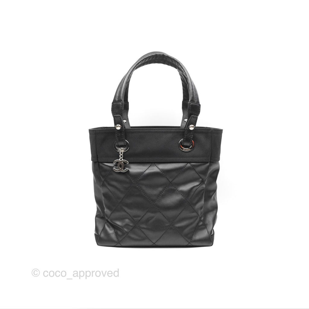 Chanel Quilted Paris Biarritz Tote PM Black Coated Canvas