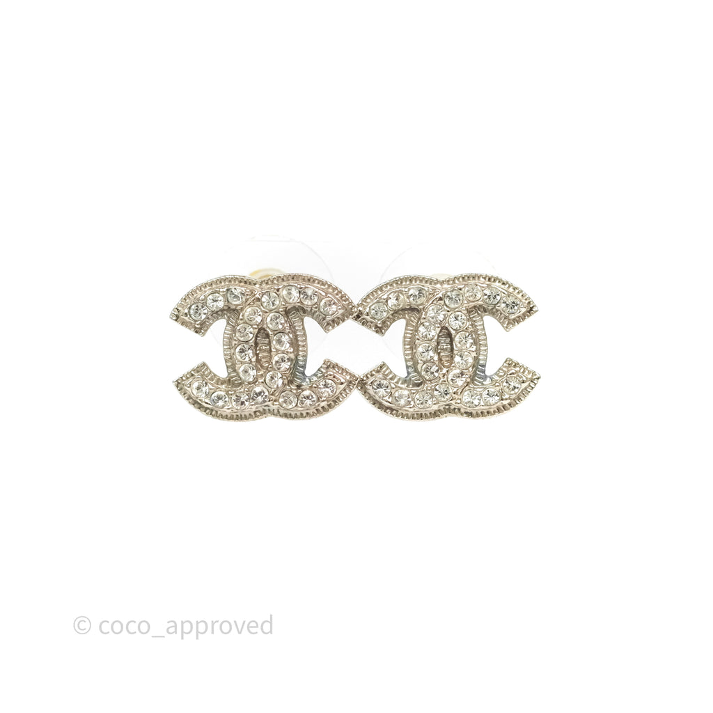 Chanel CC Crystals Earrings Silver Tone 13V